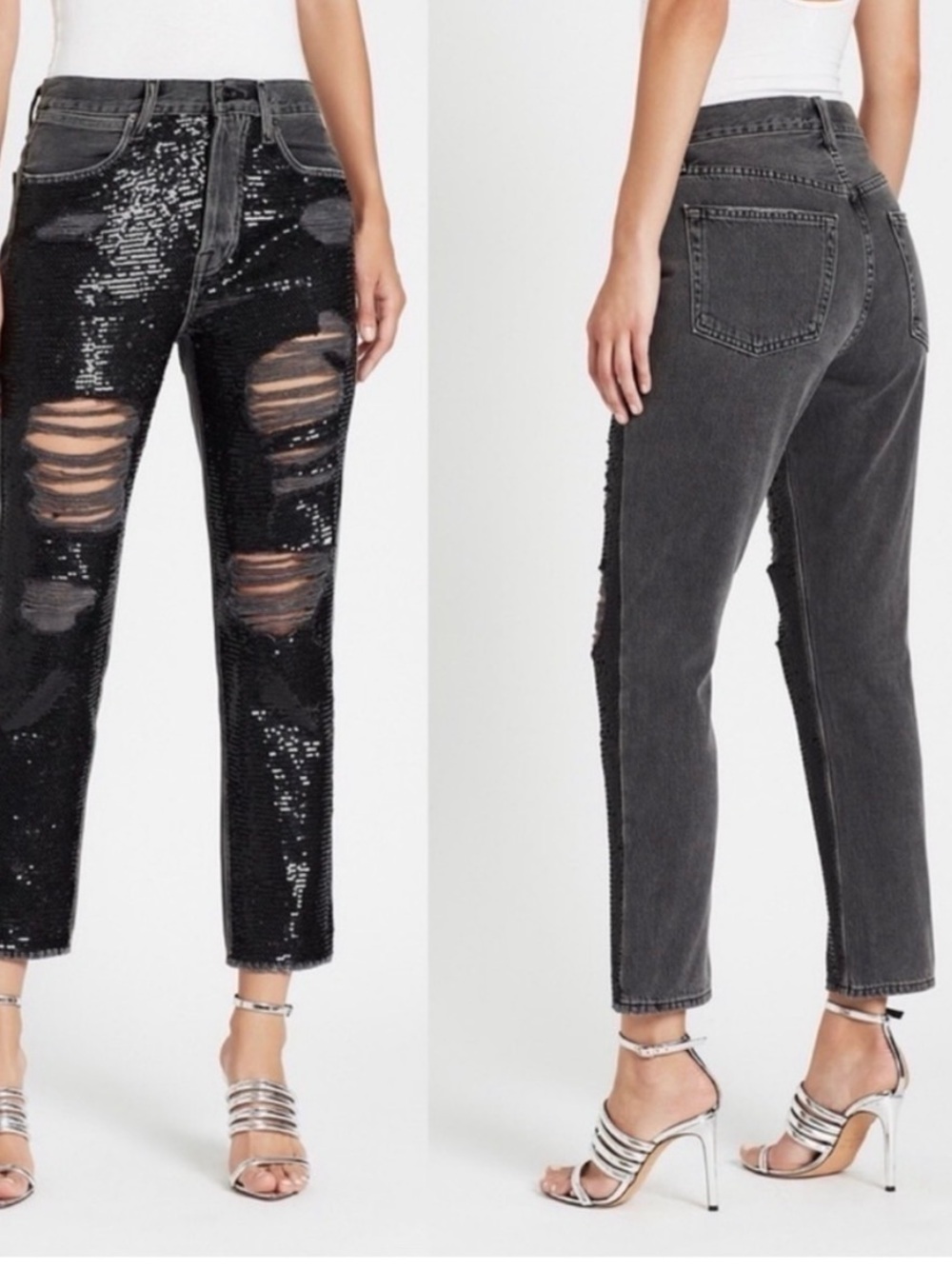 FRAME Gray Denim Sequin Basque Rip Distressed High Rise Button Fly Crop Jeans 27